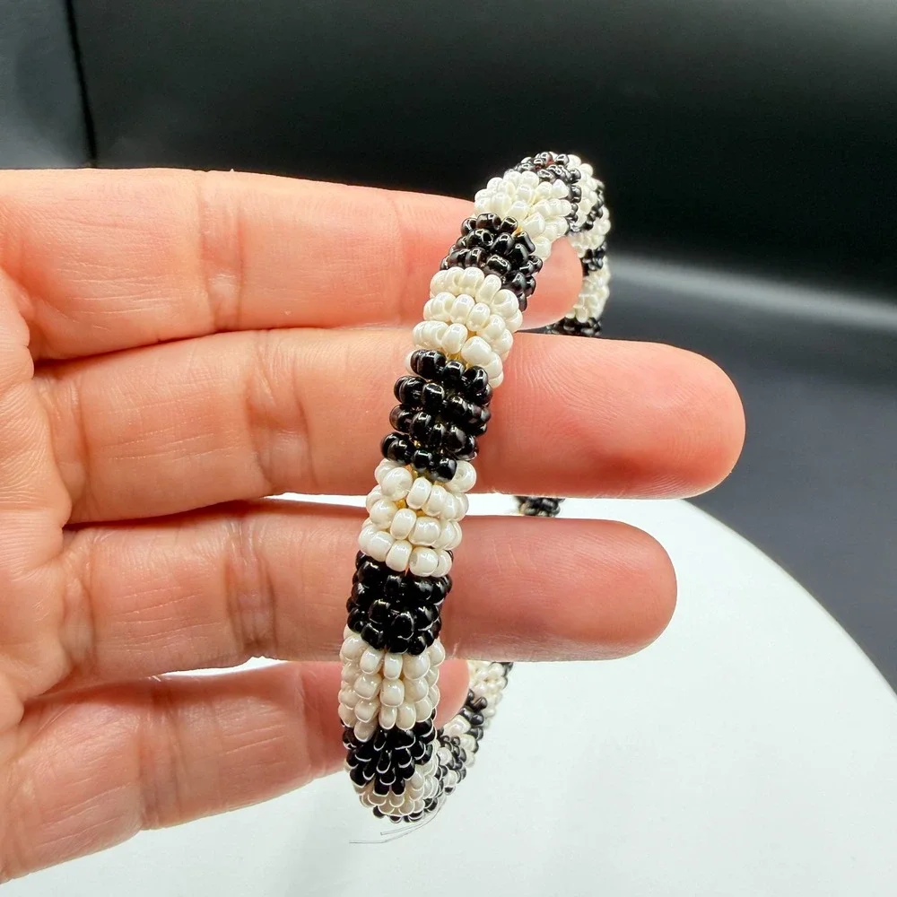 Black White Seed Bead Bangle Bracelet Boho Stretch Statement Handmade Gift Chic
